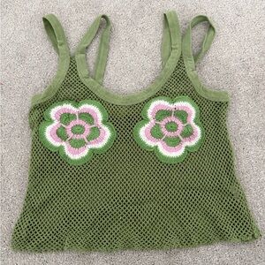 Green Floral Mesh Tank Top